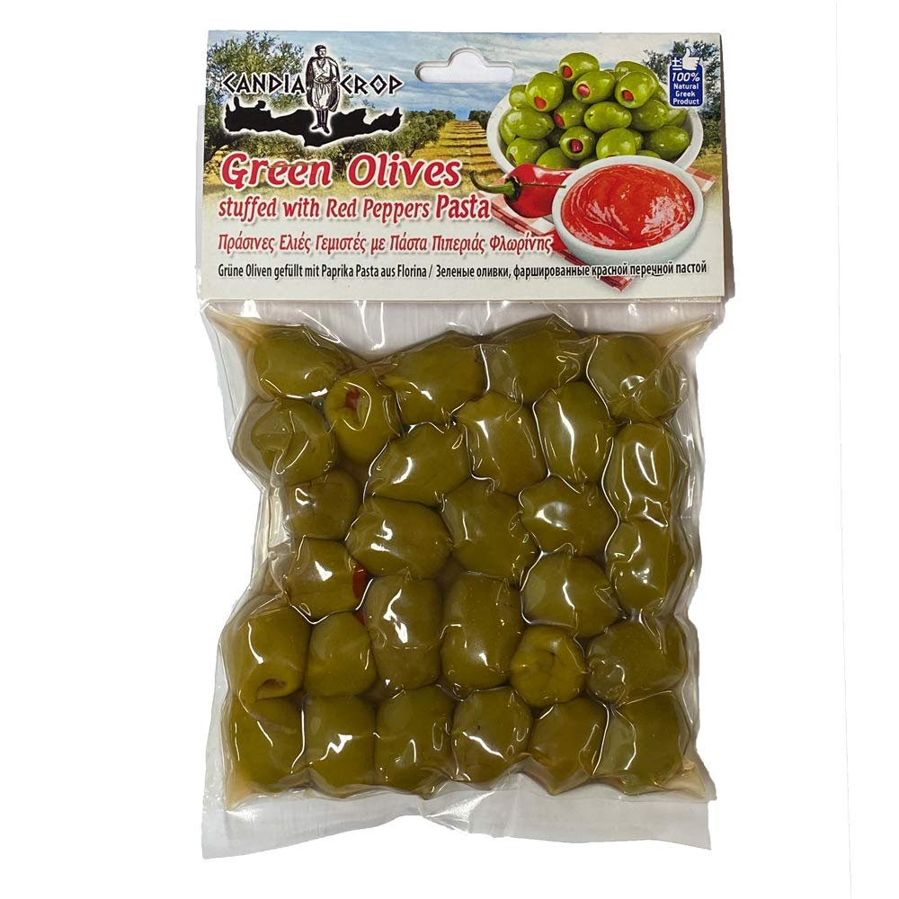 Candia Crop Greek Green Olives Stuffed with Florina Red Pepper Paste, Pack of 5 x 200g (Total: 1 kg)