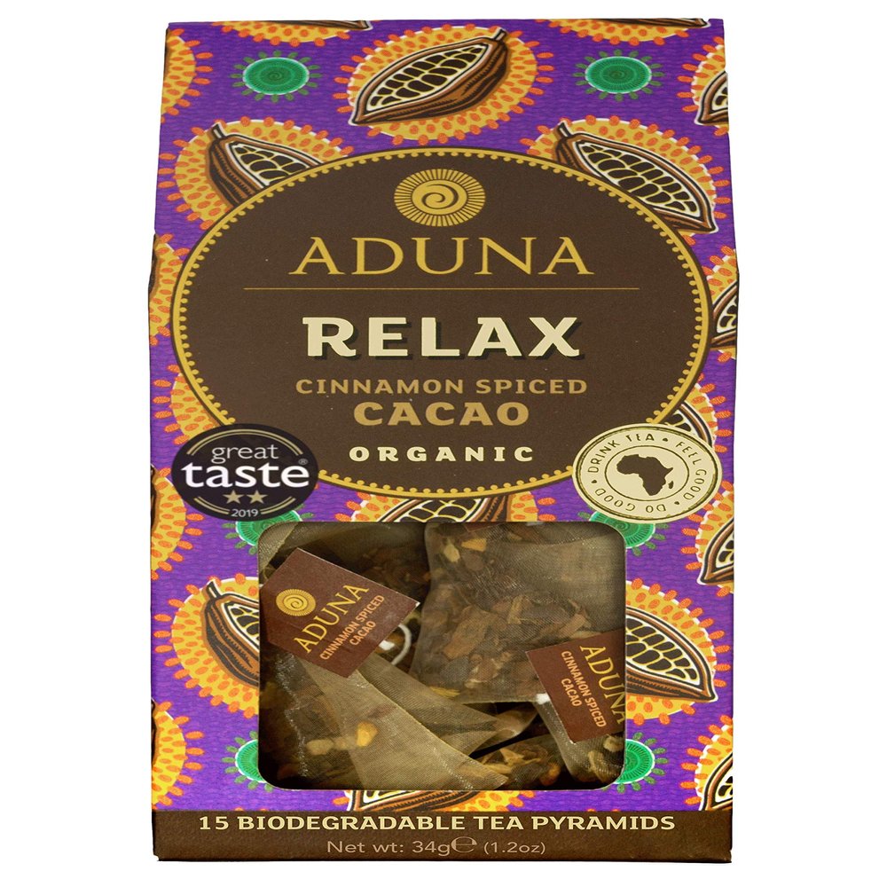 Aduna Organic Relax Cacao Super Tea | Natural Caffeine-Free Herbal Infusion With Cinnamon, Cardamom & High-Flavanol Cacao | Superfood Tea for Heart Support | 15 Biodegradable Pyramid Bags x 6 Packs