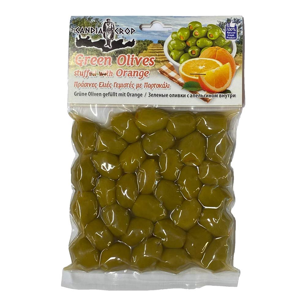 Candia Crop Greek Green Olives Stuffed with Orange 200g (Pack of 5)  Whole Natural Olives with Citrus Filling, Product of Greece