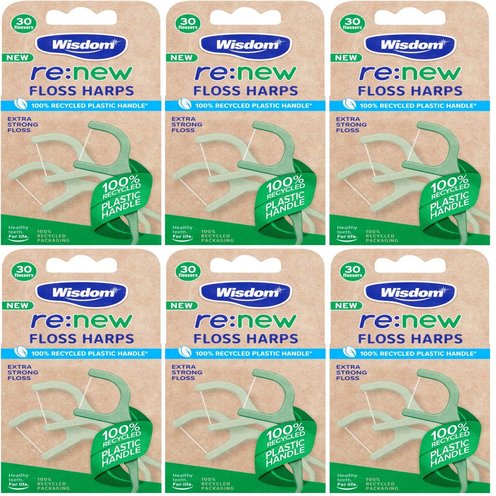 Wisdom re:New Floss Harps x30 - Pack of 6 (180 Harps) | Recycled Plastic