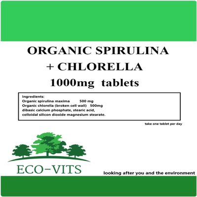 ECO-VITS Organic SPIRULINA & CHLORELLA (1000mg) 120 TABS. Biodegradable Packaging. Sealed Pouch