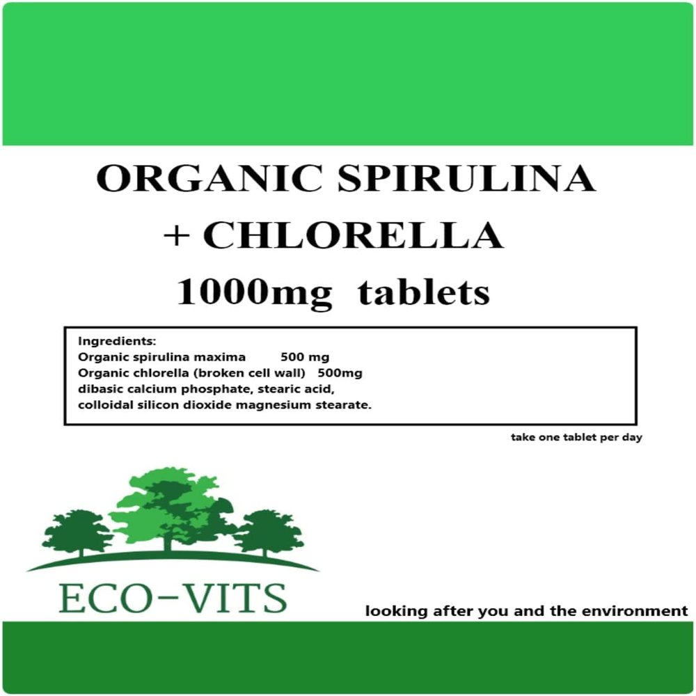 ECO-VITS Organic SPIRULINA & CHLORELLA (1000mg) 120 TABS. Biodegradable Packaging. Sealed Pouch