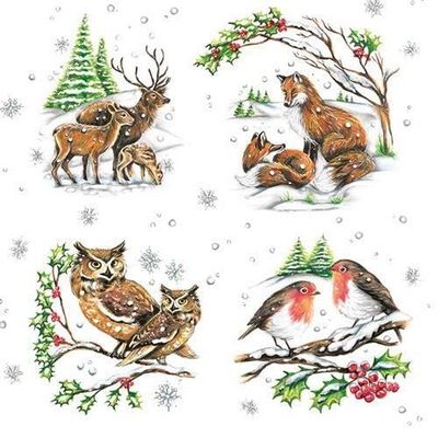 20 Napkins Animal Families in Winter Fox Owl Deer Birds 33 x 33 cm
