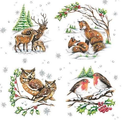 20 Napkins Animal Families in Winter Fox Owl Deer Birds 33 x 33 cm