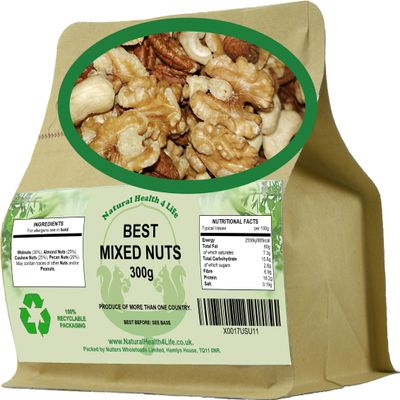 Natural Health 4 Life Whole Mixed Nuts 300g, 4 Nut Mix Walnuts, Almonds, Cashew Nuts, Pecans, Vegan, Gluten Free, No Peanuts, High Protein and Fibre, Low Sugar Snack in Kraft Pouch (1 Pouch)