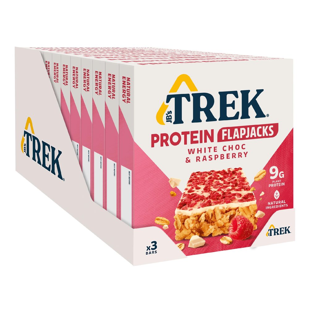 JB's TREK Protein Flapjacks - White Chocolate & Raspberry - Plant-based protein - Gluten Free - 36 x 50g bars - 1,8kg