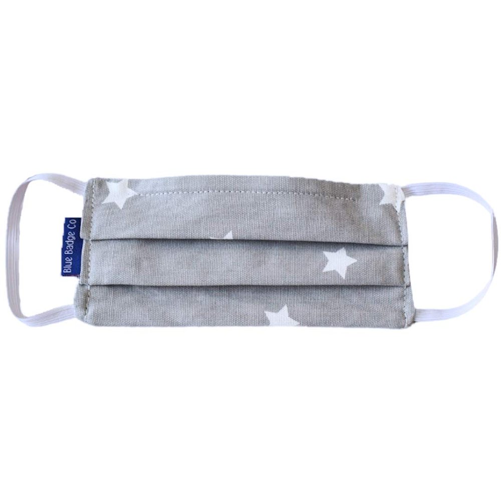 Blue Badge Co Pack of 5 Small Cotton Face Mask, Double Layer Face Cover in Grey Stars, with Pouch for Additional Filter