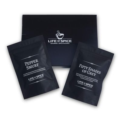 Life of Spice Twin Pack Rub Gift | 2 Sophisticated BBQ rubs in Gift Box | Pepper Smurf (35g) / Fifty Shades of Grey (38g) | Rosemary, Black Pepper, Fennel and Earl Grey Tea | Classy BBQ Rub Set