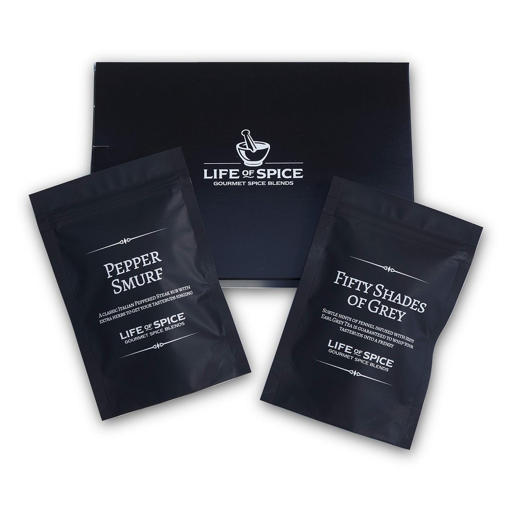 Life of Spice Twin Pack Rub Gift | 2 Sophisticated BBQ rubs in Gift Box | Pepper Smurf (35g) / Fifty Shades of Grey (38g) | Rosemary, Black Pepper, Fennel and Earl Grey Tea | Classy BBQ Rub Set