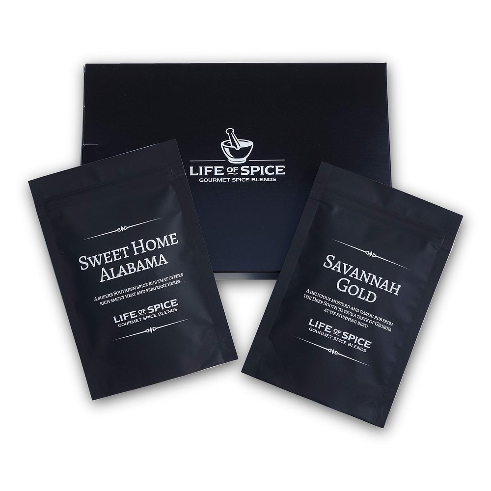 Life of Spice Twin Pack Rub Gift | 2 Great All Purpose Barbecue rubs in Gift Box | Sweet Home Alabama (40g) / Savannah Gold (60g) | Mustard, Garlic, Sage and Thyme | Superb American BBQ Rub Set