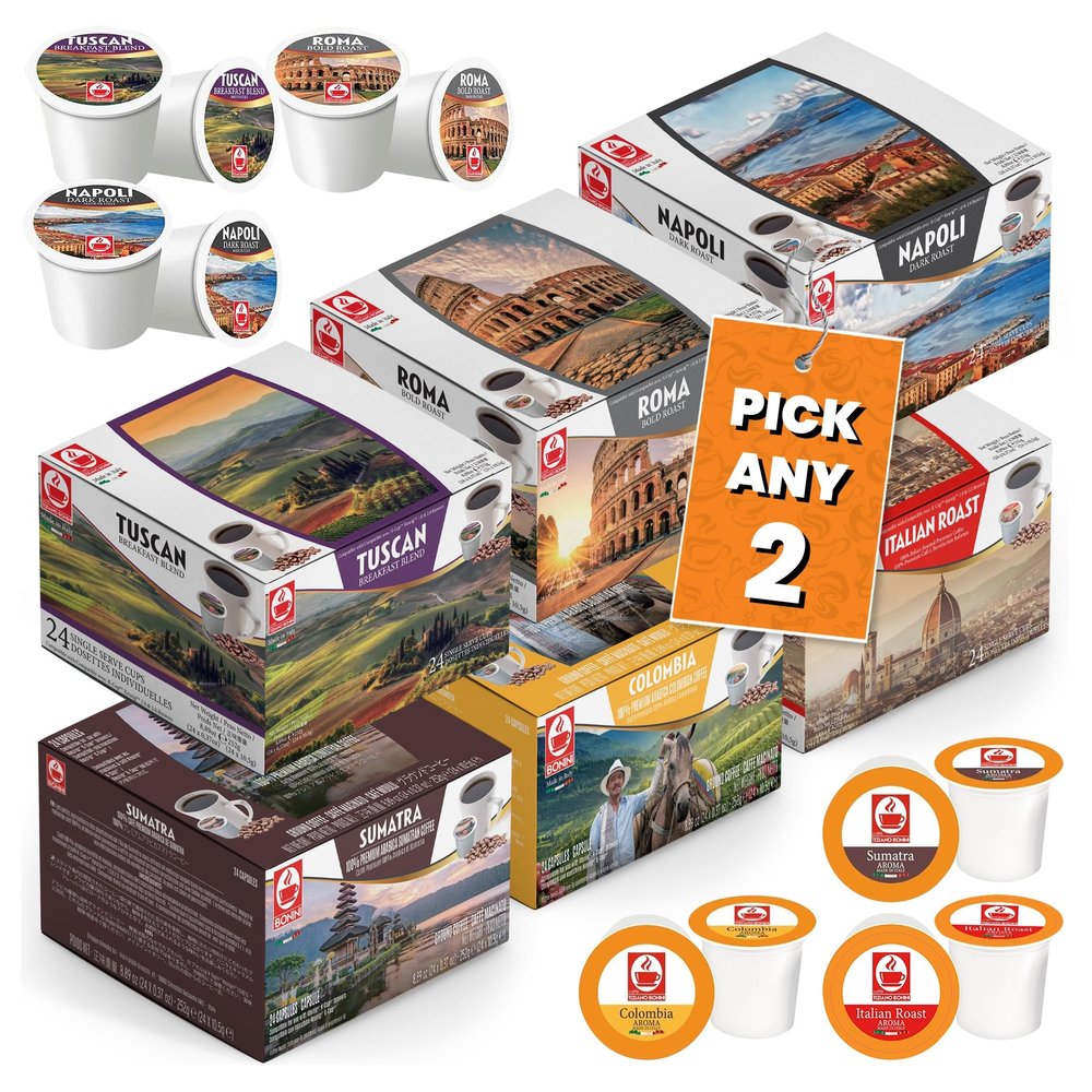 Bonini Coffee Pods, Keurig Compatible Coffee Pods, K-Cup. Pick Any 2 Packs from 6 flavours Inc. Roma, Napoli, Sumatra, Colombia, Tuscan, Italian Roast. Each Pack 24 pods (Total 48 pods)