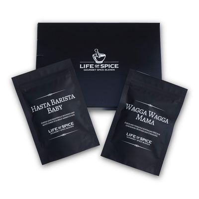 Life of Spice Twin Pack Rub Gift | 2 Great All Purpose Barbecue rubs in Gift Box | Hasta Barista Baby (60g) / Wagga Wagga Mama (60g) | Mustard, Garlic, Espresso and Coriander | Superb BBQ Rub Set