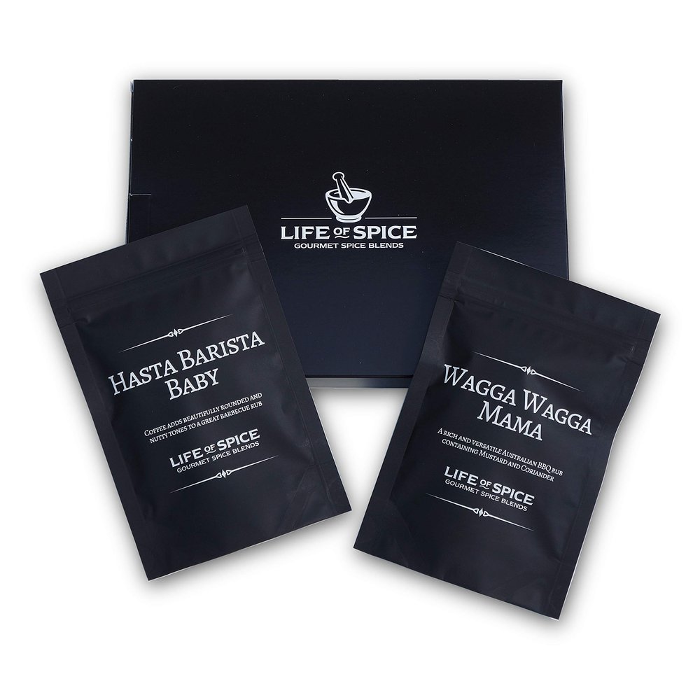 Life of Spice Twin Pack Rub Gift | 2 Great All Purpose Barbecue rubs in Gift Box | Hasta Barista Baby (60g) / Wagga Wagga Mama (60g) | Mustard, Garlic, Espresso and Coriander | Superb BBQ Rub Set