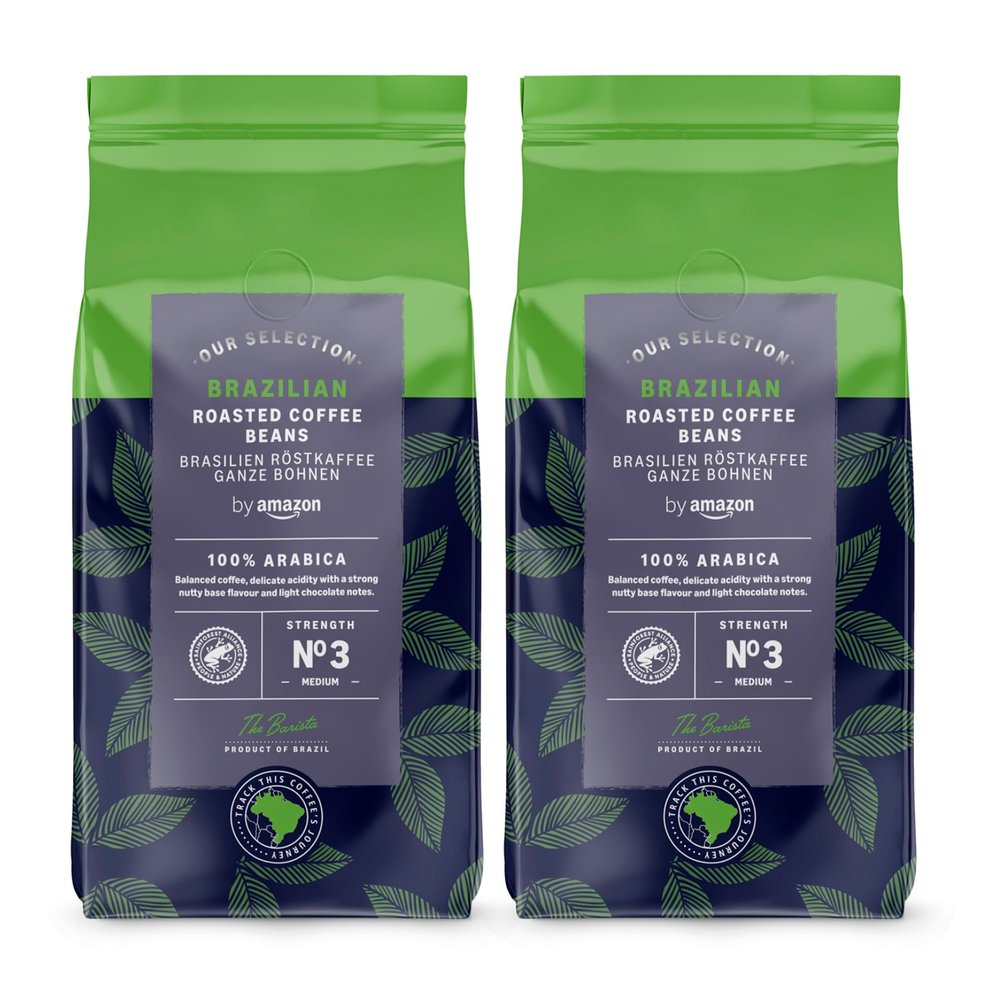 by Amazon Brazilian Coffee Beans, Medium Roast, 1 Kg (2 Packs of 500g)- Rainforest Alliance Certified
