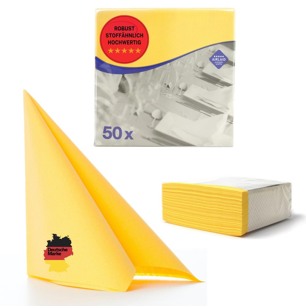 50 Aroba Airlaid Napkins Fabric-Like 19 Colours 40 x 40 cm 1/4 Fold High-Quality Wedding Napkins Fabric Look for Birthday Hotel Catering Celebrations Christmas Wedding Yellow