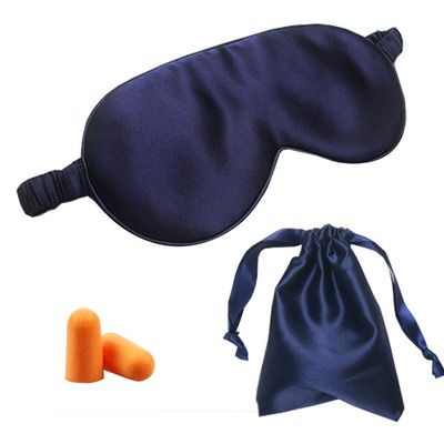 100% Silk Anti Aging Sleep Eye Mask, Soft Eye Blindfold, Sleeping Sleep Mask, Mulberry Silk Eye Mask, Light Blocking Silk Eye Mask, Sleeping Aid, with Bag and Ear Plug (Blue)