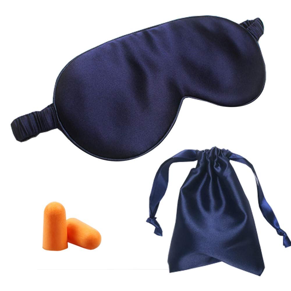 100% Silk Anti Aging Sleep Eye Mask, Soft Eye Blindfold, Sleeping Sleep Mask, Mulberry Silk Eye Mask, Light Blocking Silk Eye Mask, Sleeping Aid, with Bag and Ear Plug (Blue)