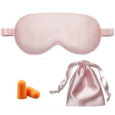 100% Silk Anti Aging Sleep Eye Mask, Soft Eye Blindfold, Sleeping Sleep Mask, Mulberry Silk Eye Mask, Light Blocking Silk Eye Mask, Sleeping Aid, with Bag and Ear Plug (Pink)