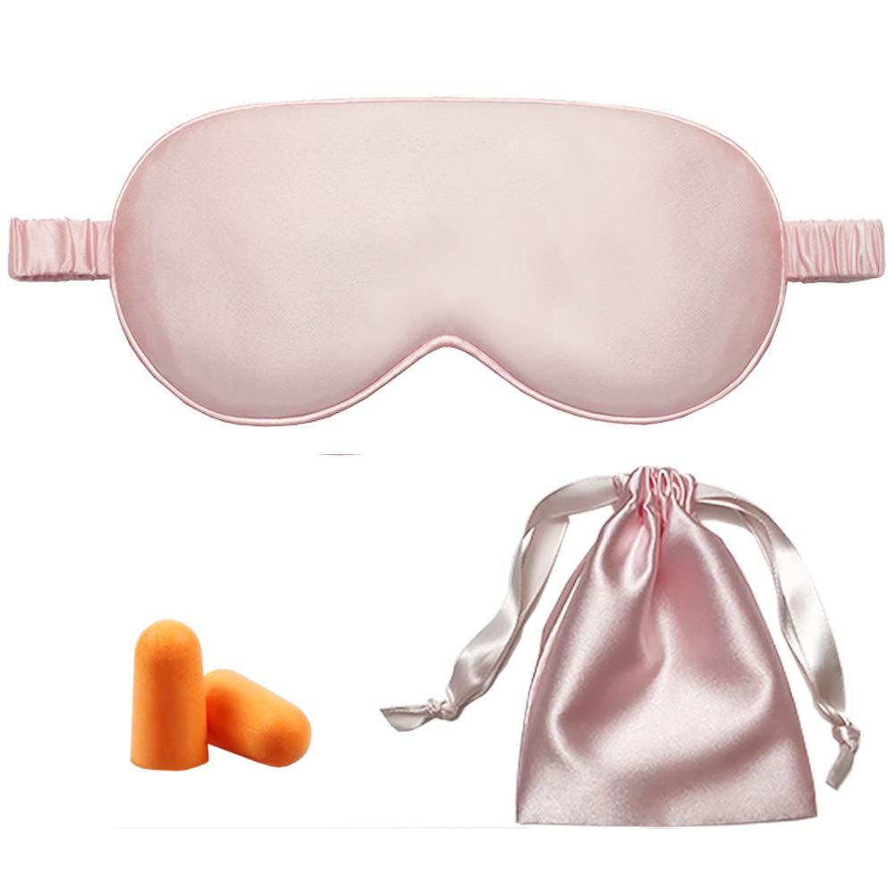 100% Silk Anti Aging Sleep Eye Mask, Soft Eye Blindfold, Sleeping Sleep Mask, Mulberry Silk Eye Mask, Light Blocking Silk Eye Mask, Sleeping Aid, with Bag and Ear Plug (Pink)