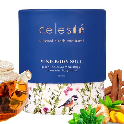CelesTe Mind Body Soul - Cinnamon Spice Tea - Premium Blend with Ginger, Spearmint, and Holy Basil | 100% Natural Loose Leaf Green Tea (50 gm) (25 Cups)