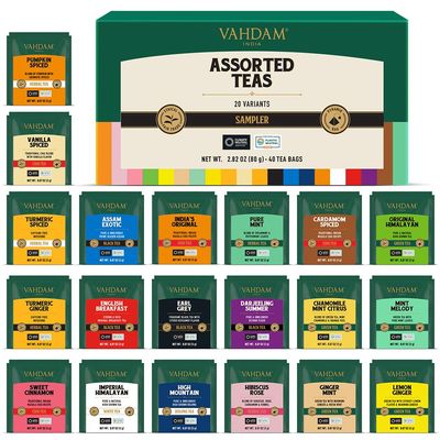 VAHDAM, Assorted Tea Sampler (20 Delicious Variety, 40 Individually Wrapped Pyramid Tea Bags) Long Leaf Premium Teas I Tea Gift Set I Valentines Day Gifts Ideas for Tea Lovers