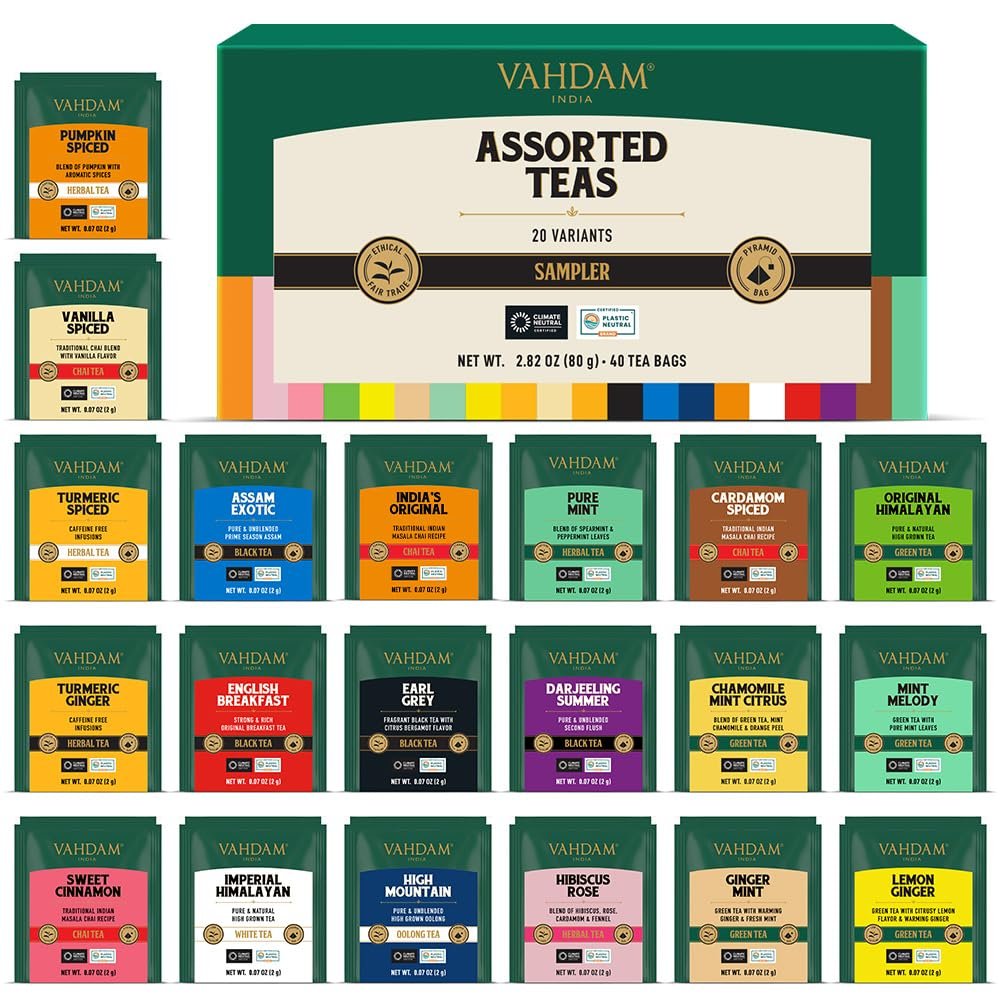 VAHDAM, Assorted Tea Sampler (20 Delicious Variety, 40 Individually Wrapped Pyramid Tea Bags) Long Leaf Premium Teas I Tea Gift Set I Valentines Day Gifts Ideas for Tea Lovers