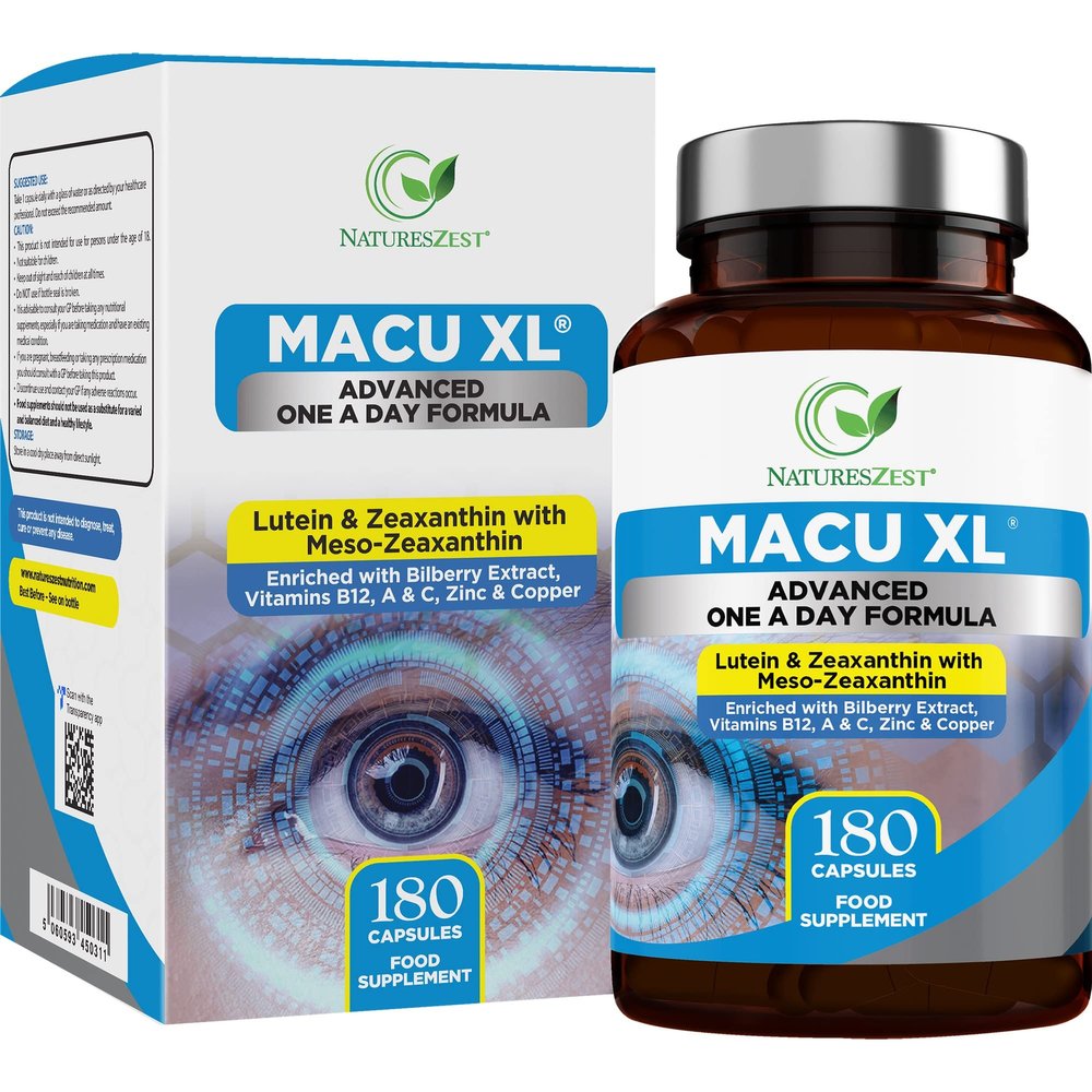 Macu XL - Lutein and Zeaxanthin Supplement - 6 Month Supply with Meso Zeaxanthin, Bilberry Extract, Vitamins A, B12 & Zinc, 180 Vegan Capsules - Eye Supplement for Vision Health  Eye Vitamins