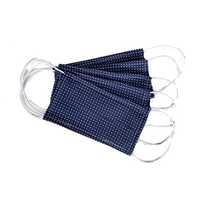 Pack Of Five 100% Cotton Navy Polka Dot Face Mask, pack of face masks, cotton face mask, re usable face mask, washable face mask, navy face mask, pin spot face mask