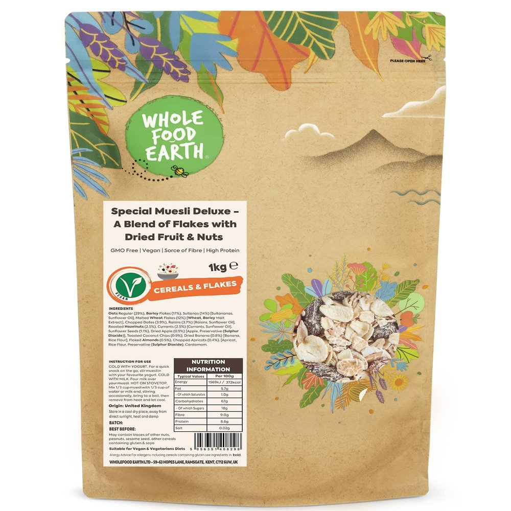 Whole Food Earth - Special Muesli Deluxe - A Blend of Flakes with Dried Fruit and Nuts 1 kg | GMO Free | Sorce of Fibre | High Protein