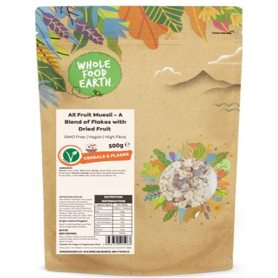 Wholefood Earth All Fruit Muesli - A Blend of Flakes with Dried Fruit 500 g | GMO Free | High Fibre
