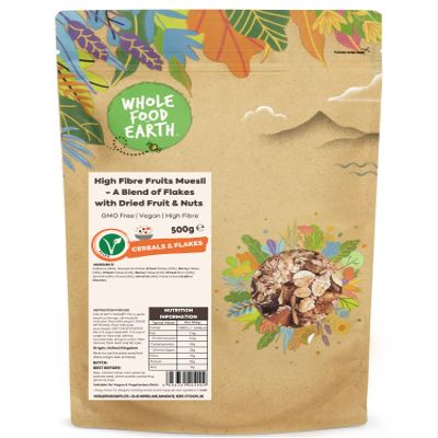 Whole Food Earth - High Fibre Fruits Muesli - A Blend of Flakes with Dried Fruit and Nuts 500 g | GMO Free | High Fibre
