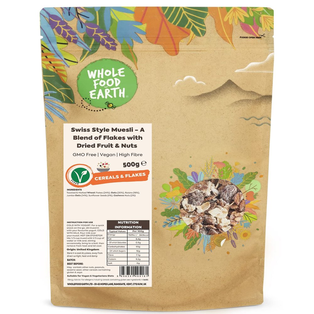 Wholefood Earth Swiss Style Muesli - A Blend of Flakes with Dried Fruit and Nuts 500 g | GMO Free | High Fibre