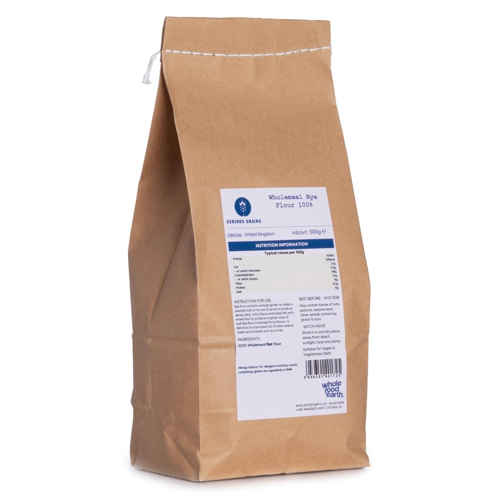 100percent Wholemeal Rye Flour Stoneground 500g - High Fibre - Made in UK