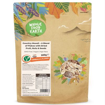 Wholefood Earth Country Muesli - A Blend of Flakes with Dried Fruit, Nuts and Seeds 500 g | GMO Free | High Fibre