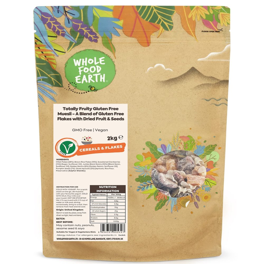 Whole Food Earth - Totally Fruity Gluten Free Muesli - A Blend of Gluten Free Flakes with Dried Fruit and Seeds 2 kg | GMO Free