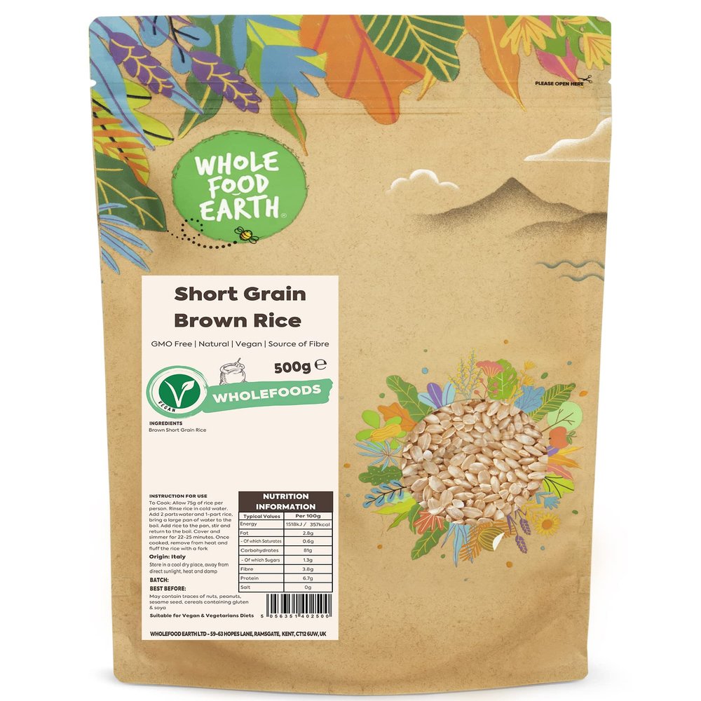 Wholefood Earth Short Grain Brown Rice 500 g | GMO Free | Natural | Source of Fibre