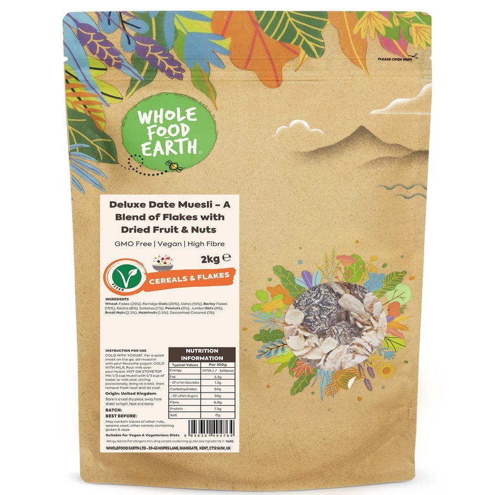 Whole Food Earth - Deluxe Date Muesli - A Blend of Flakes with Dried Fruit and Nuts 2 kg | GMO Free | High Fibre