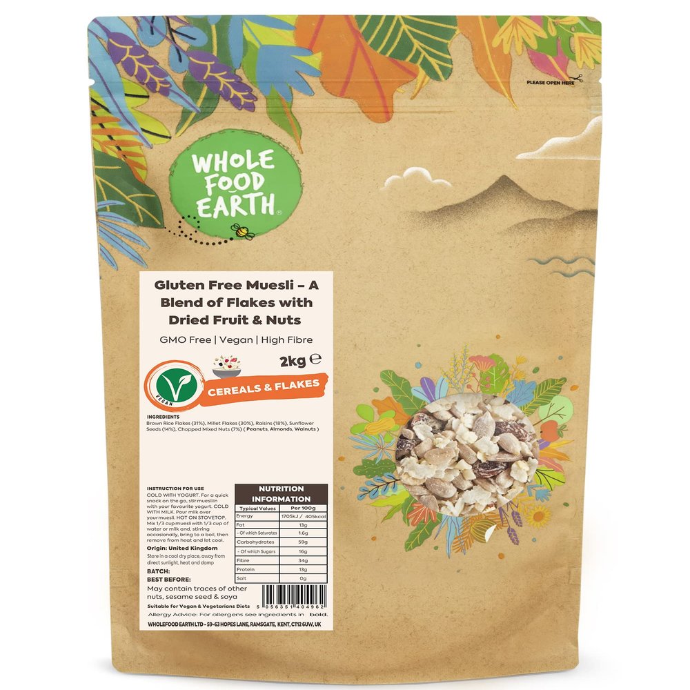 Whole Food Earth - Gluten Free Muesli - A Blend of Flakes with Dried Fruit and Nuts 2 kg | GMO Free | High Fibre