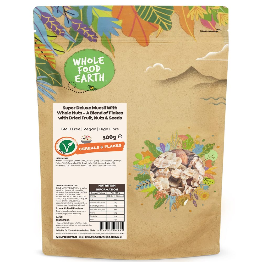 Wholefood Earth Super Deluxe Muesli With Whole Nuts - A Blend of Flakes with Dried Fruit, Nuts and Seeds 500 g | GMO Free | High Fibre