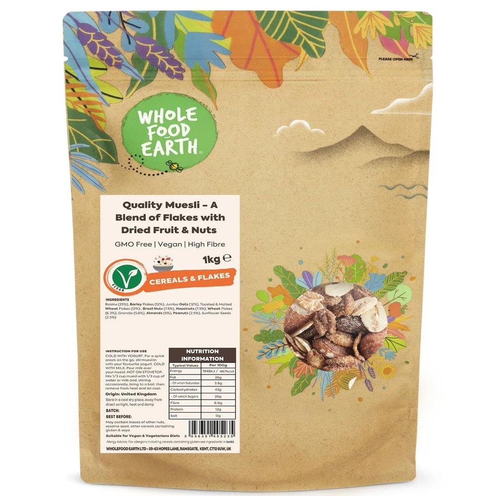 Wholefood Earth Quality Muesli - A Blend of Flakes with Dried Fruit and Nuts 1 kg | GMO Free | High Fibre