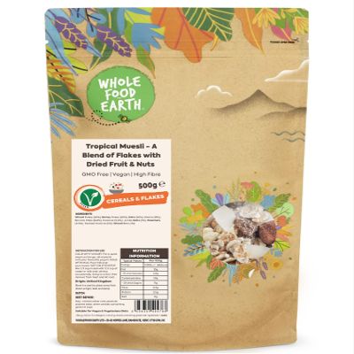 Whole Food Earth - Tropical Muesli - A Blend of Flakes with Dried Fruit and Nuts 500 g | GMO Free | High Fibre