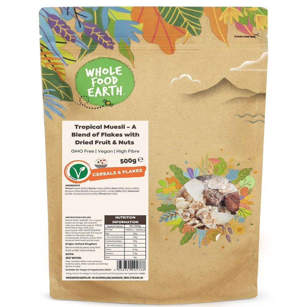 Whole Food Earth - Tropical Muesli - A Blend of Flakes with Dried Fruit and Nuts 500 g | GMO Free | High Fibre