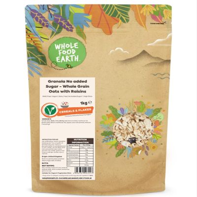 Wholefood Earth Granola No added Sugar - Whole Grain Oats with Raisins 1 kg | GMO Free | Dairy Free | No Added Sugar* | High Fibre