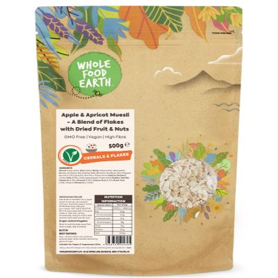 Whole Food Earth - Apple and Apricot Muesli - A Blend of Flakes with Dried Fruit and Nuts 500 g | GMO Free | High Fibre