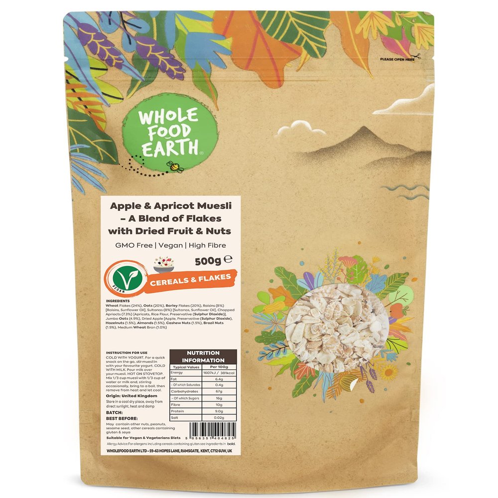 Whole Food Earth - Apple and Apricot Muesli - A Blend of Flakes with Dried Fruit and Nuts 500 g | GMO Free | High Fibre