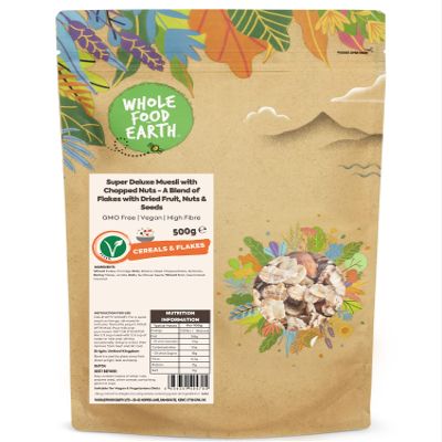 Whole Food Earth - Super Deluxe Muesli with Chopped Nuts - A Blend of Flakes with Dried Fruit, Nuts and Seeds 500 g | GMO Free | High Fibre