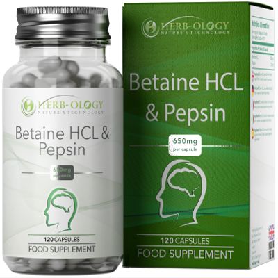 HB Betaine HCL with Pepsin Capsules | 120 High Strength Vegan Betaine Hydrochloride Capsules - 650mg-30mg-Pepsin per Serving | Non-GMO, Gluten & Allergen Free | Made in The UK