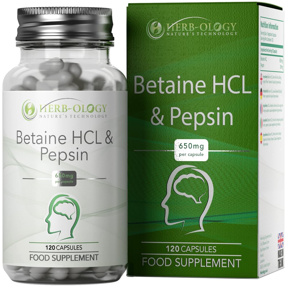 HB Betaine HCL with Pepsin Capsules | 120 High Strength Vegan Betaine Hydrochloride Capsules - 650mg-30mg-Pepsin per Serving | Non-GMO, Gluten & Allergen Free | Made in The UK