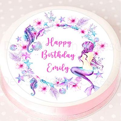 Personalised Enchanted Mermaid Cake Topper - Edible Icing or Wafer - 7.5" Round (Icing)