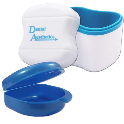 Dental Bath and Retainer Case ~ Storage Case and Container for Soaking Ortho Retainers, Sports Dental Appliances, Dentures & More (Blue Bath, Blue Case)